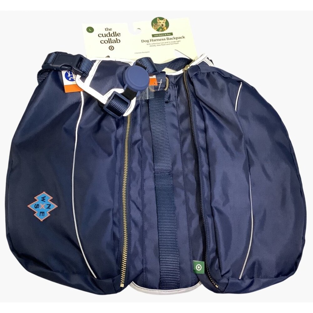 Large Dog Harness Backpack  Blue Pockets Adjustable Straps Size L Up to 90 Lbs.